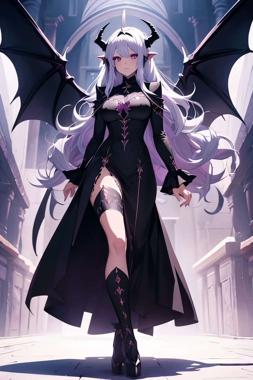 draconic woman with horns and a black dress, medieval, dragon, beautiful elegant dragon queen, gothic maiden anime girl, dragon girl, anime monster girl, long wavy silver hair long side bangs, purple eyes, LARGE dragon wings, long dragon tail, modest dress, no bangs, cute medieval style dress with ragged bottom