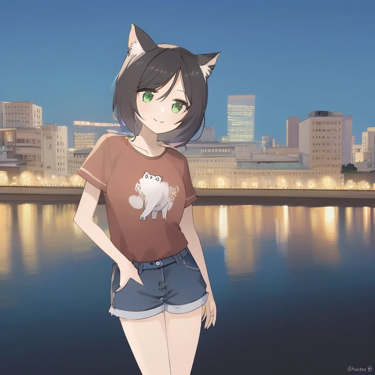 anime, waifu, exceptional, best aesthetic, new, newest, best quality, masterpiece, solo, BREAK 1girl, chibi, cat ears, shirt, shorts, city background, smile