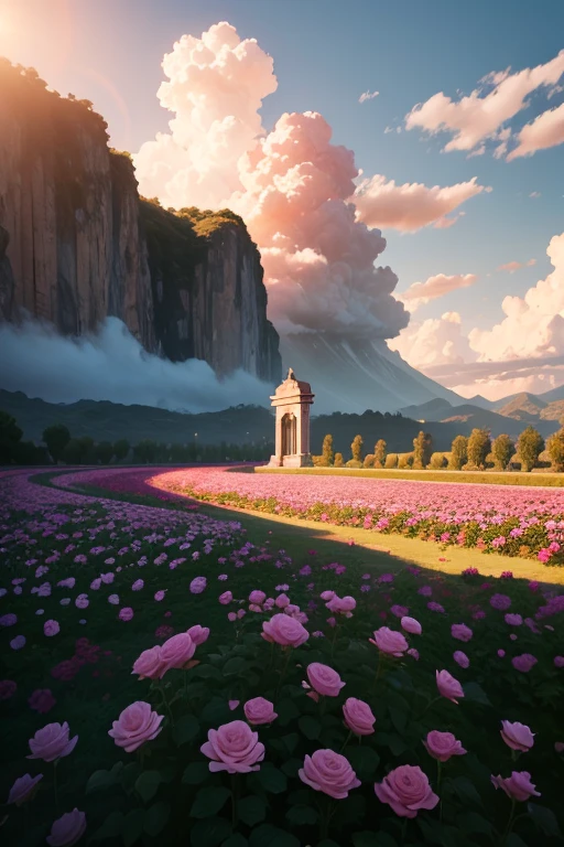 Jardin de rosas con escarchas con rayos de sol sobre saliendo de las nubes. Paisaje hermoso. Surrealista 8k