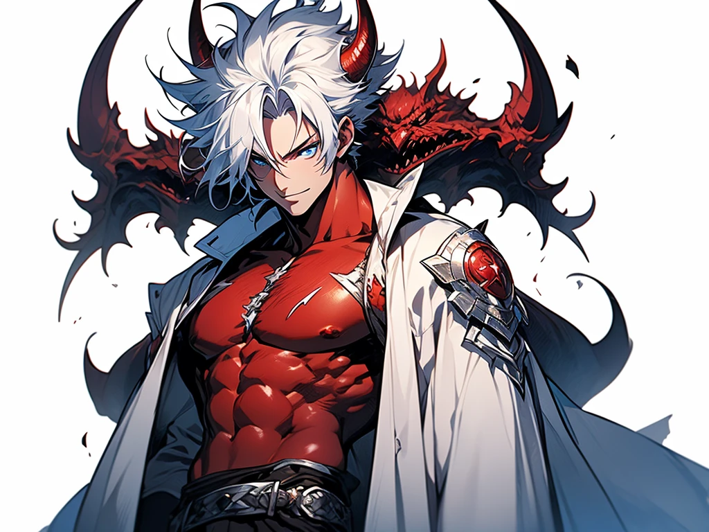 ((character)), (best quality)), ((masterpiece)), (detailed), ((white background)), white garb, solo, 1boy, male focus, stark_sousou_no_frieren, white hair, shirtless, long coat, pale skin, muscular, red horns, messy hair, blue eyes, anime, crazy smile,