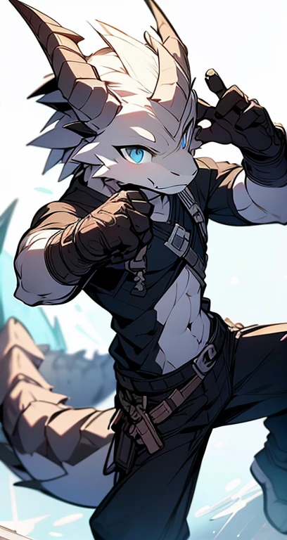 Masterpiece, Cool Pose, Furry Gray Dragon, Medium Strong Body, Blue Eyes, Grey Medium Hair, Combat Black Shirt, Combat Gloves, Combat Pants, Fierce, Good looking