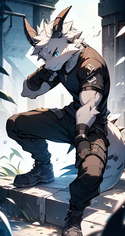 Masterpiece, Cool Pose, Furry Gray Dragon, Medium Strong Body, Blue Eyes, Grey Medium Hair, Combat Black Shirt, Combat Gloves, Combat Pants, Fierce, Good looking 