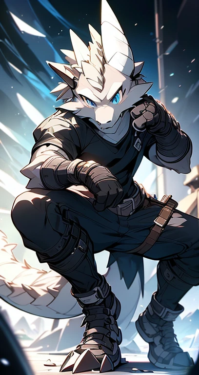 Masterpiece, Cool Pose, Furry Gray Dragon, Medium Strong Body, Blue Eyes, Grey Medium Hair, Combat Black Shirt, Combat Gloves, Combat Pants, Fierce, Good looking 