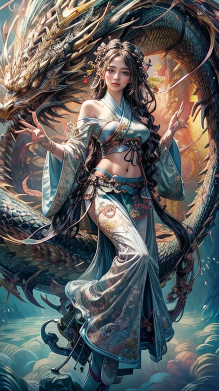 official art、Unified 8K wallpaper、Super detailed、beautiful and aesthetic、masterpiece、highest quality、(Zentangle、tangle、En Tangle)、(fractal art: 1.4)、(character center: 1.3)、1 girl、Dragon goddess with a dragon accompanying her、Scary black dragon、black hair、Chinese、off-shoulder、short skirt、calf、belly button、very detailed、dynamic angle、cowboy shot、(The most beautiful form of chaos)、graceful、(bright colors)、China、(thangka flying sky:1.5),Accurate anatomy body and hands、(4 fingers and 1 thumb)、
(ribbon: 1.3)、(dream: 1.5)、(Hanfu: 1.5)、Chinese Dragon、Chinese phoenix、(smile: 0.5)、( God of China々)、