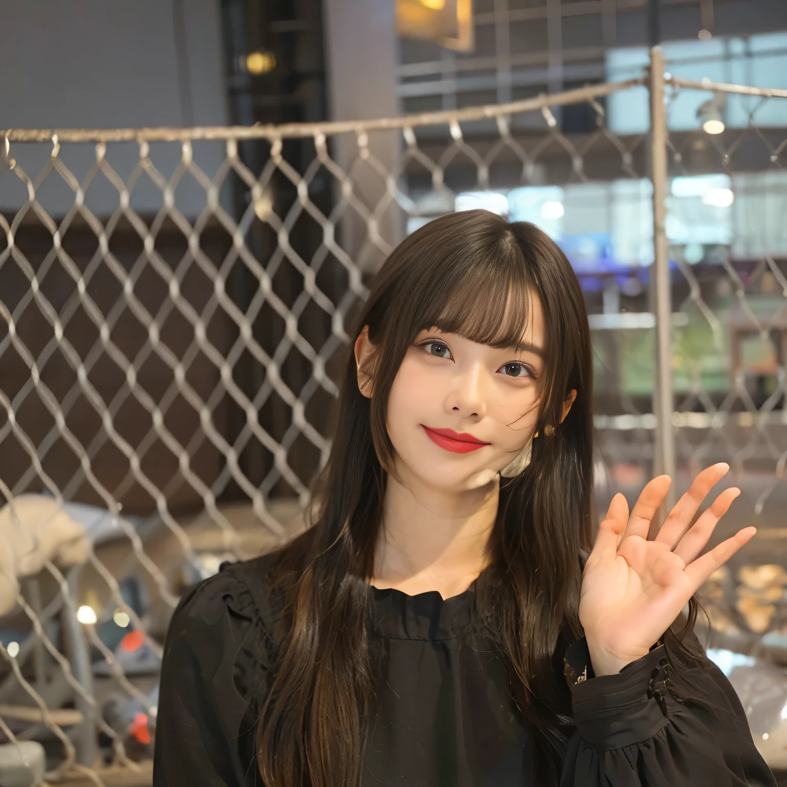 (brown|black hair:1.4), medium hair, (realistic skin:1.2), (light brown skin:1.2),kpop idle,beautiful girl with beautiful details, extremely detailed eyes and face, eyes with beautiful details, (smile:1.2), nude,ultra detailed and beautiful,looking at viewer, on all fours, black dress,frills,(almost empty room),on all fours,Depth of Field,low angle,