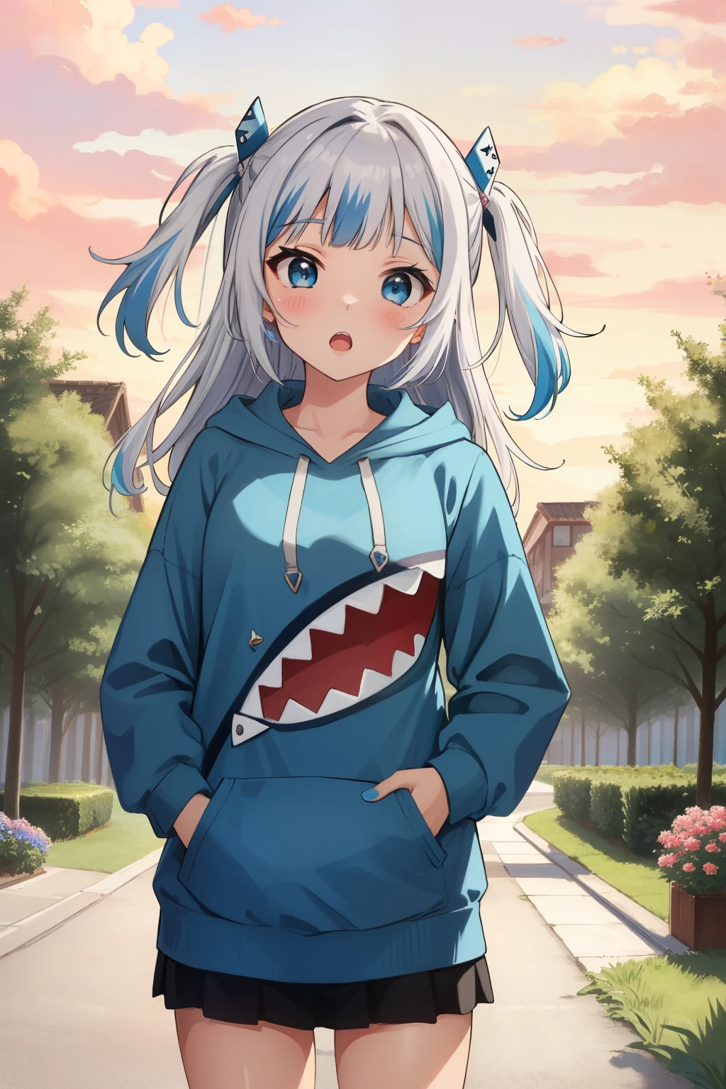 (masterpiece, best quality),  intricate details,1girl, gura gawr, blue hair, grey hair, medium hair, multicolored hair, shark girl, two side up, teeth, blue nails, hood, long sleeves,  blue eyes, shark hoodie, hands in pocket, open mouth, (:o),  pink sky, road, yellow cloud, kai planet, pink sky, grass, tree, flowers, floating,