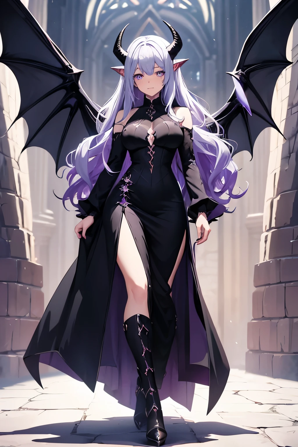 draconic woman with horns and a black dress, medieval, dragon, beautiful elegant dragon queen, gothic maiden anime girl, dragon girl, anime monster girl, long wavy silver hair long side bangs, purple eyes, LARGE dragon wings, long dragon tail, modest dress, no bangs, cute medieval style dress with ragged bottom