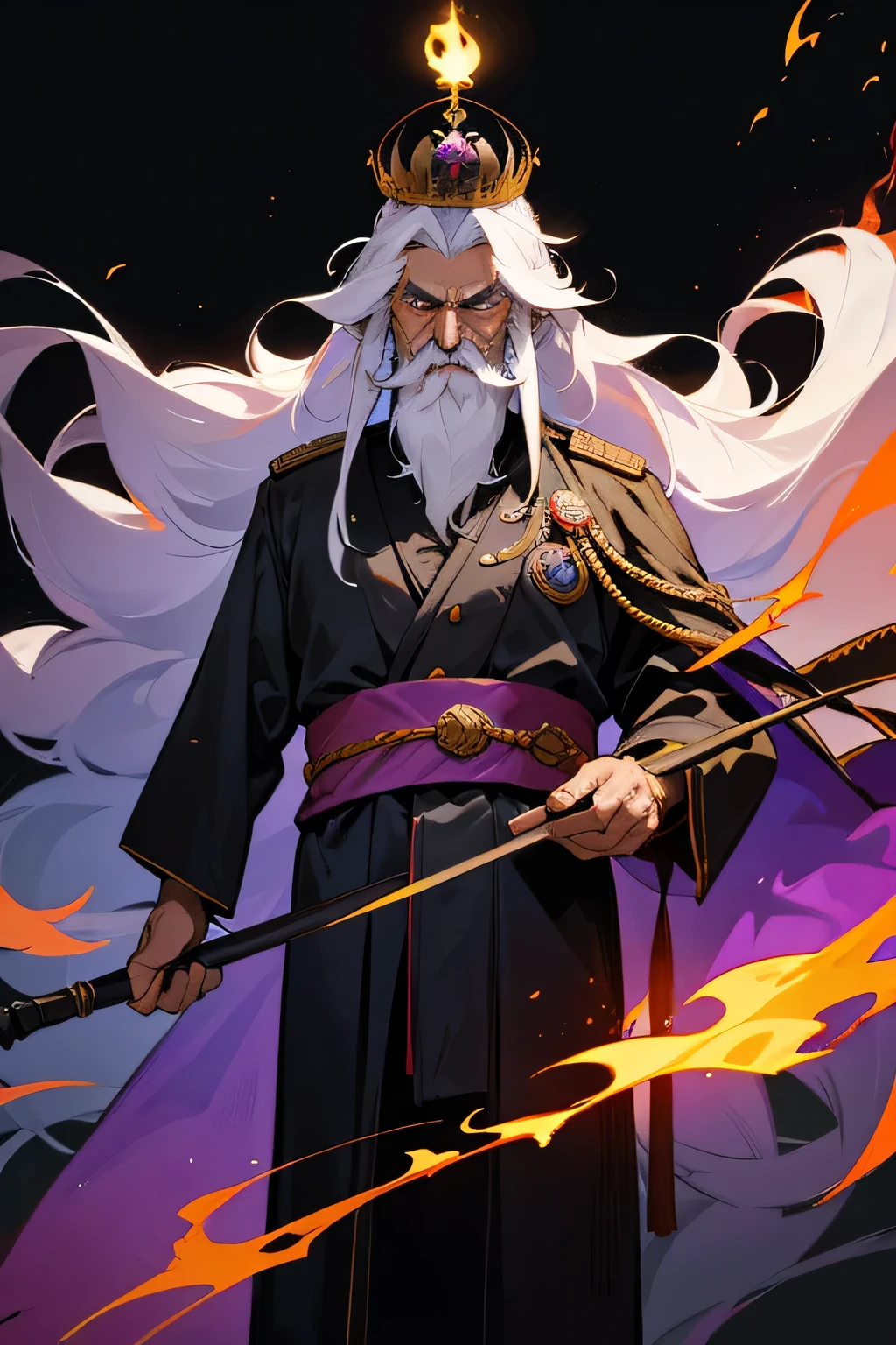 Old man, unkempt hair, long beard, hair covering side of face, holding up torch, standing, flaming staff, formal clothes, military clothes, sash with medals, emperor crown, emperor, bright purple sash, white hair, black clothes, standing, army behind him