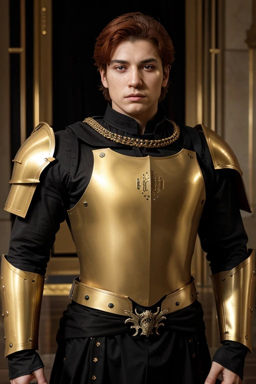 He is a quiet boy, heir to the King of Iran, works as an Imperial Knight with black and gold armor, has red eyes and red hair, muscular build.