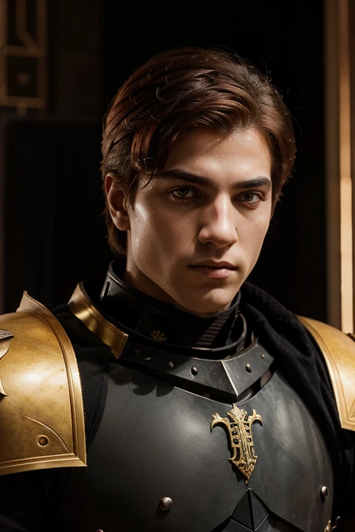 He is a quiet boy, heir to the King of Iran, works as an Imperial Knight with black and gold armor, has red eyes and red hair, muscular build.
