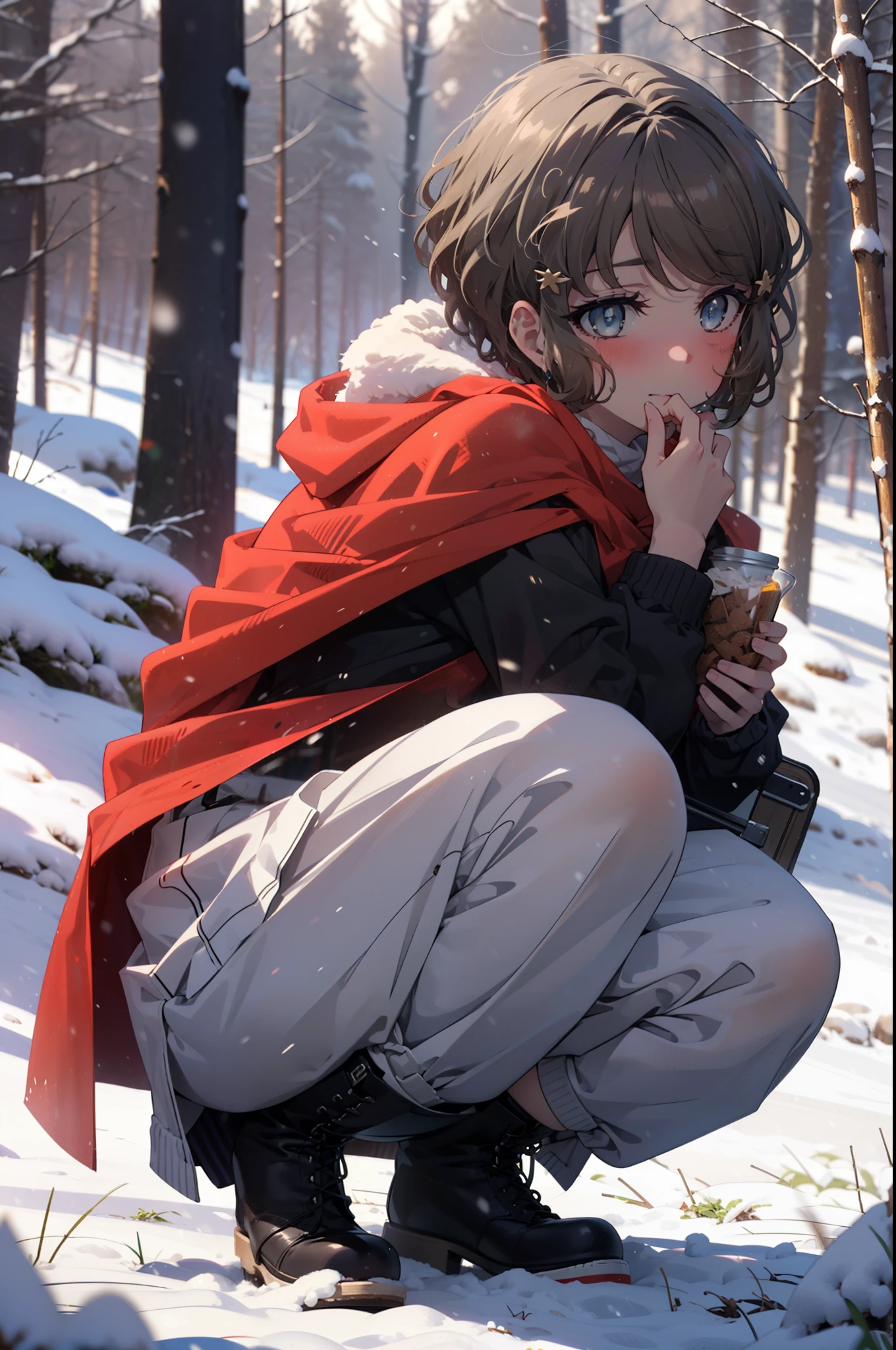 tomoekoga, Chie Koga, short hair, Brown Hair, blue eyes, hair band,smile,blush,White Breath,Center of chest,
Open your mouth,snow,Ground bonfire, Outdoor, boots, snowing, From the side, wood, suitcase, Cape, Blurred, having meal, forest, White handbag, nature,  Squat, Mouth closed, Cape, winter, Written boundary depth, Black shoes, red Cape break looking at viewer, Upper Body, whole body, break Outdoor, forest, nature, break (masterpiece:1.2), highest quality, High resolution, unity 8k wallpaper, (shape:0.8), (Beautiful and beautiful eyes:1.6), Highly detailed face, Perfect lighting, Highly detailed CG, (Perfect hands, Perfect Anatomy),