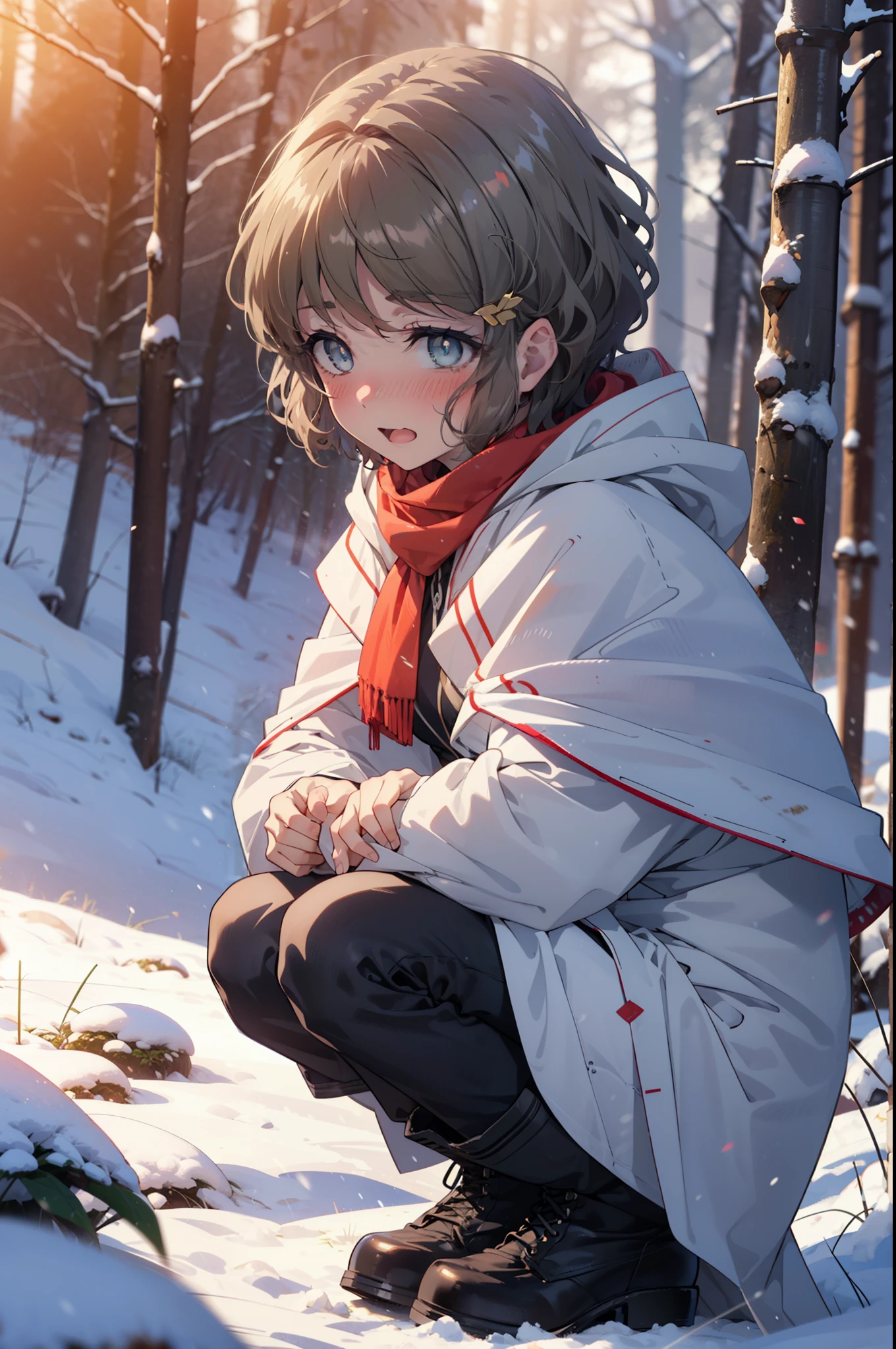 tomoekoga, Chie Koga, short hair, Brown Hair, blue eyes, hair band,smile,blush,White Breath,Center of chest,
Open your mouth,snow,Ground bonfire, Outdoor, boots, snowing, From the side, wood, suitcase, Cape, Blurred, having meal, forest, White handbag, nature,  Squat, Mouth closed, Cape, winter, Written boundary depth, Black shoes, red Cape break looking at viewer, Upper Body, whole body, break Outdoor, forest, nature, break (masterpiece:1.2), highest quality, High resolution, unity 8k wallpaper, (shape:0.8), (Beautiful and beautiful eyes:1.6), Highly detailed face, Perfect lighting, Highly detailed CG, (Perfect hands, Perfect Anatomy),