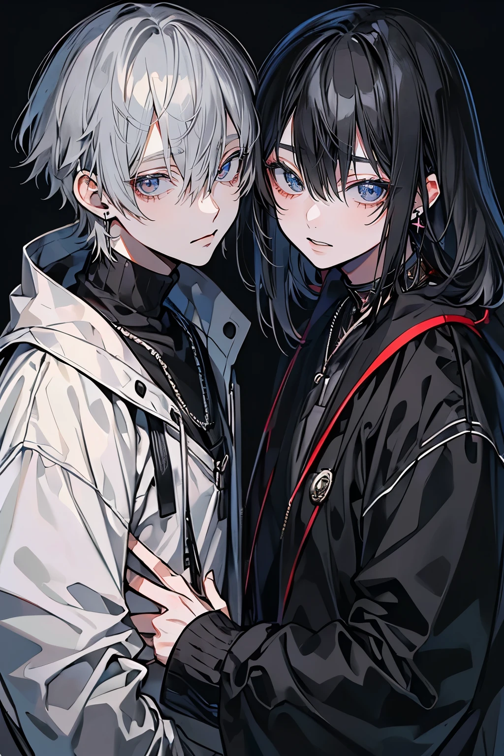 (Mastepiece), (Best Quality), Very detailed, ((Two good friends:1.5)), Perfect Face, Beautiful Face, Very detailedな顔,(Black-haired man:1.3),(Grey-haired man:1.3)