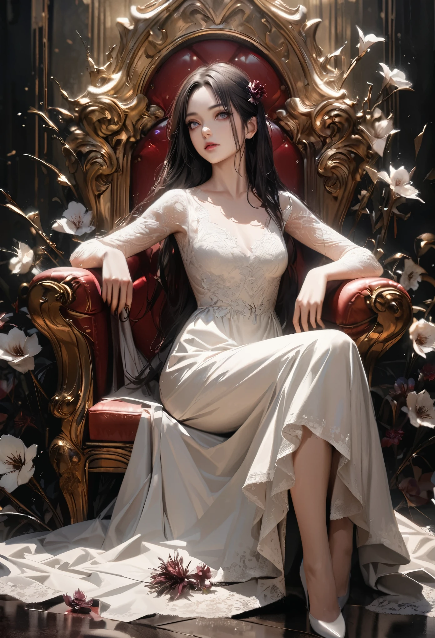 best quality, 8k, highres, realistic, detailed, a woman sitting on the throne, white lace dress, graceful composition, eye-catching still life, withered flower, perfect body, mesmerizing eyes staring, tremendously beautiful,