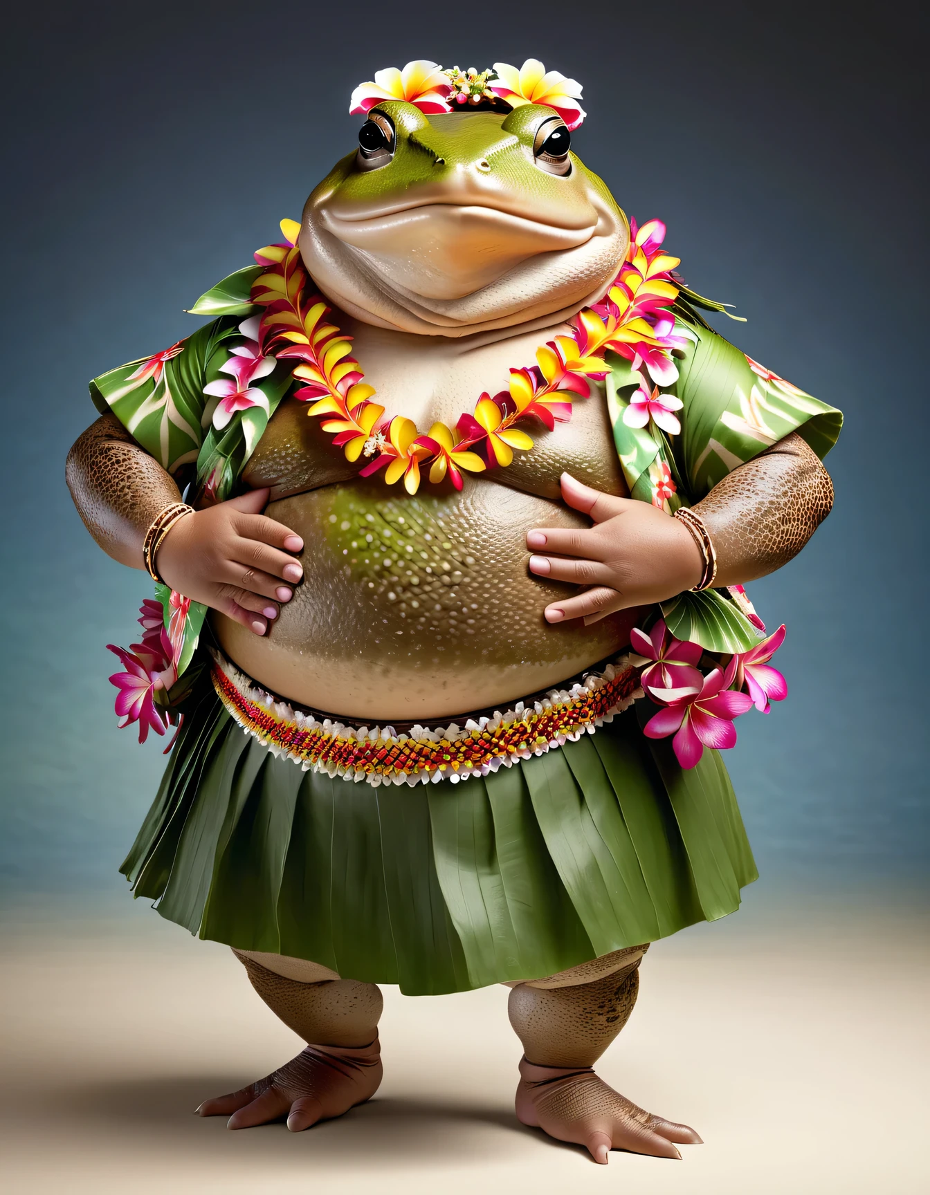 portrait of Dressed animals - a (fat) hippo hula dancer,(polite greeting:2.0), (putting hand on the chest:1.5),high quality,(lovely) ,intricate details, highly detailed ((hula dance costume)) ,highly detailed decorations, wearing flower lei, (happy), studio lighting,(full body image:1.5),simple background,