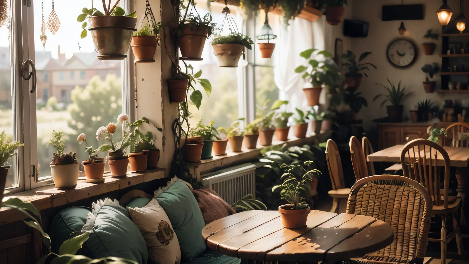 old shabby boho style coffeehouse, pastry showcase, leica style, relaxed and inviting mood, green plants and flowers, sunny day, natural light, highly detailed, extremely sharp focus, closeup, bokeh background