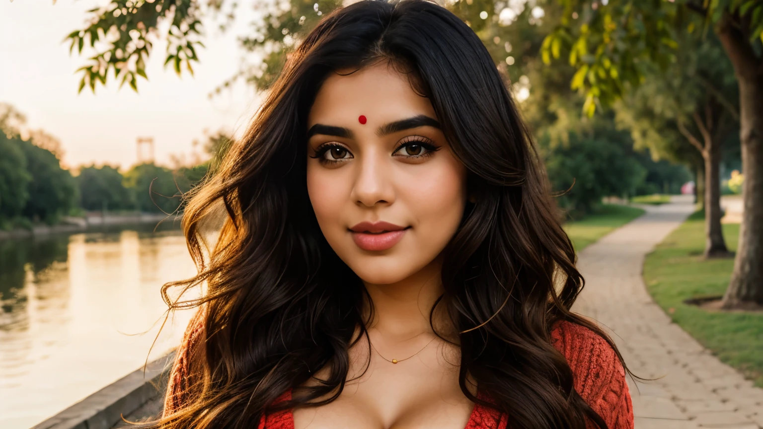 1 Pakistani girl walking on the river, chubby, chubby face, big boobs, mix 4, border sleeveless red sweater, pillow, lips, open mouth, happy expression, realistic, photo_\(medium\), solo, (masterpiece), (photorealistic: 1.3), ultra detailed, (high detail) skin: 1.2), (best quality: 1.0), (ultra high resolution: 1.0), (Orchan-6500: 0.3), wavy detailed hair, long hair, sunshine, (beautiful detailed makeup), (sexual arousal, blush, rough breathing: 1.0), sexy cleavage