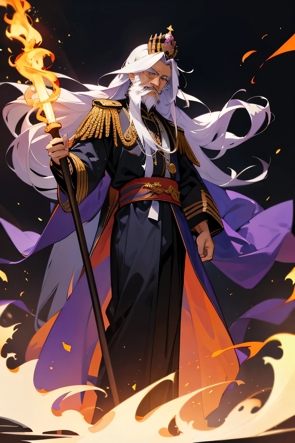Old man, unkempt hair, long beard, hair covering side of face, holding up torch, standing, flaming staff, formal clothes, military clothes, sash with medals, emperor crown, emperor, bright purple sash, white hair, black clothes, standing, greek clothing