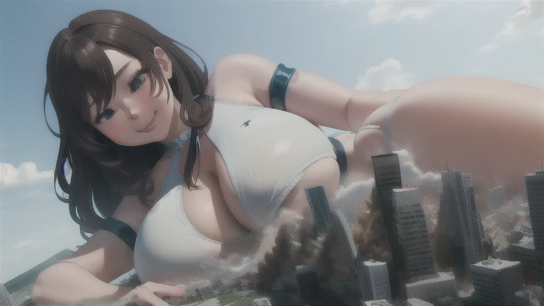 Woman with cheerful face, ((Huge boobs)) ((curve)) ((Advanced Details)) ((Completeness of the figure)) ((masterpiece))Huge breasts、Realistic、Perfect body line、cute、Beautiful girl taller than a building、aerial photograph、aerial photograph、Sit in the building、Destroying the city with a smile、 (A giant girl bigger than a skyscraper destroys the city of Shibuya:1.5)、cute swim suit、School swimsuit Lying down