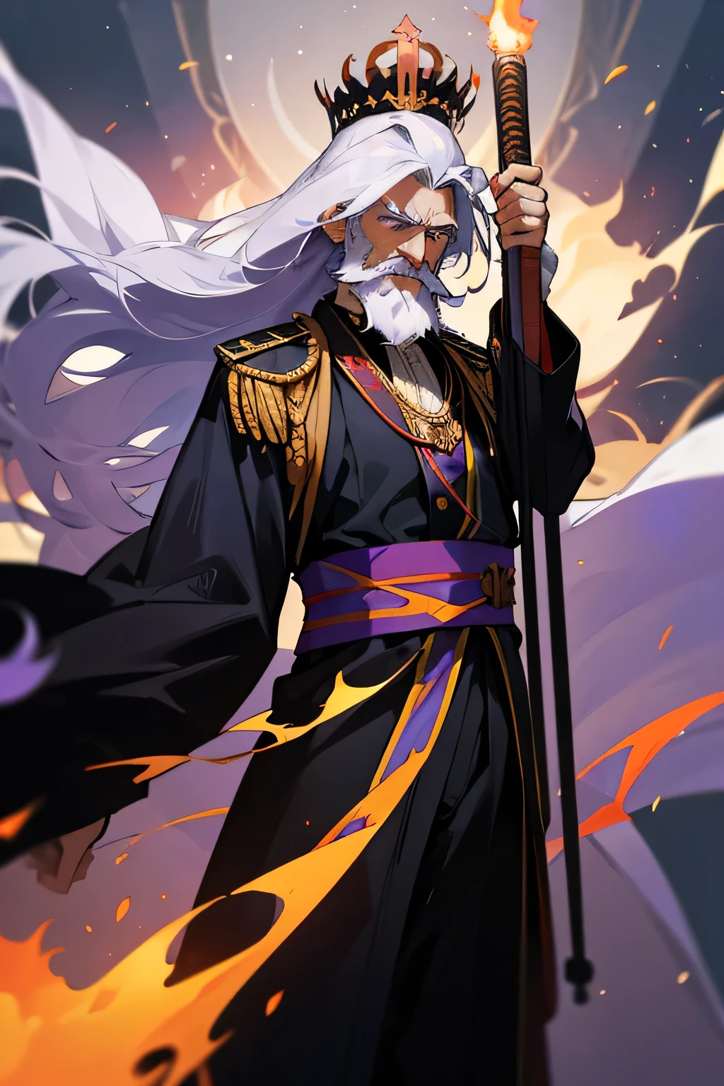 Old man, unkempt hair, long beard, hair covering side of face, holding up torch, standing, flaming staff, formal clothes, military clothes, sash with medals, emperor crown, emperor, bright purple sash, white hair, black clothes, standing, greek clothing