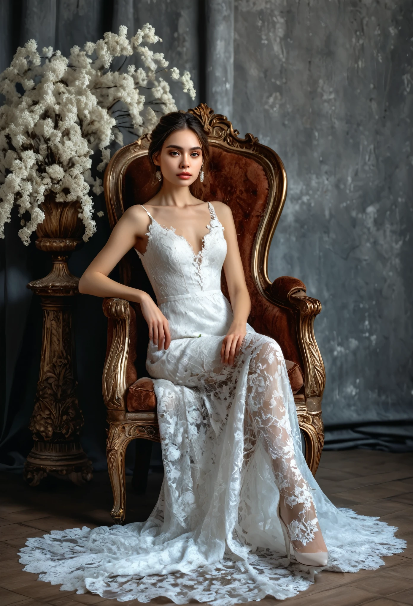 best quality, 8k, highres, realistic, detailed, a woman sitting on the throne, white lace dress, graceful composition, eye-catching still life, withered flower, perfect body, mesmerizing eyes staring, tremendously beautiful,