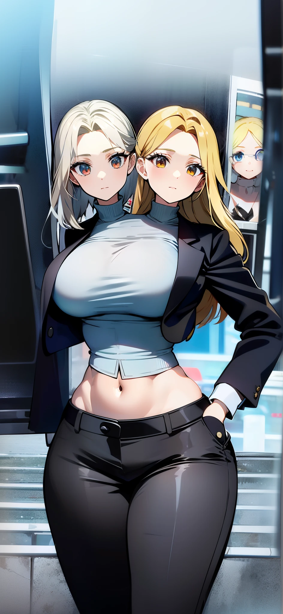 (masterpiece),(ultra-detailed), (high quality), (high resolution), (best quality:1.5, highres, UHD), highres, absurdo, ultra detail, ultra quality, Ultra resolution, 16k, ((2heads:1.5)), 1girl,(black hair), (blonde hair), ((different hair colors)), long hair, black blazer jacket, midriff-revealing top, gray pants, heeled shoes, white fingerless gloves