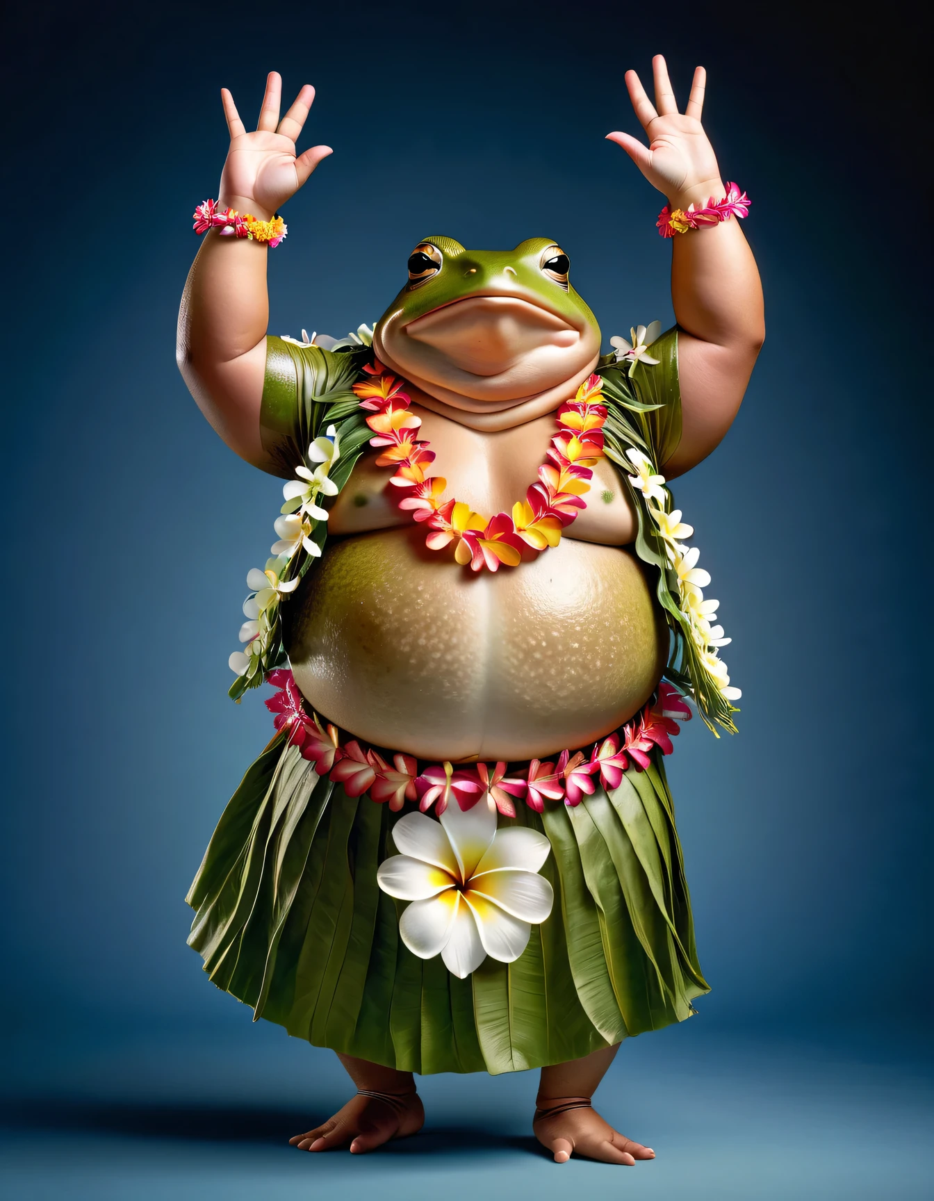 photorealistic portrait of Dressed animals - a ((fat)) toad hula dancer,(hula dancing:2.0), (hula dance pose :1.5),high quality,(lovely) ,intricate details, natural toad skin texture, highly detailed ((female hula dance costume)) ,highly detailed decorations, wearing flower lei and (bikini), (happy), studio lighting,(full body image:1.5),simple background,(
