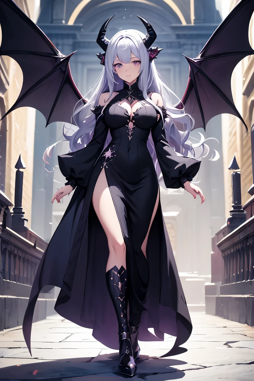 draconic woman with horns and a black dress, medieval, dragon, beautiful elegant dragon queen, gothic maiden anime girl, dragon girl, anime monster girl, long wavy silver hair long side bangs, purple eyes, LARGE dragon wings, long dragon tail, modest dress, no bangs, cute medieval style dress with ragged bottom
