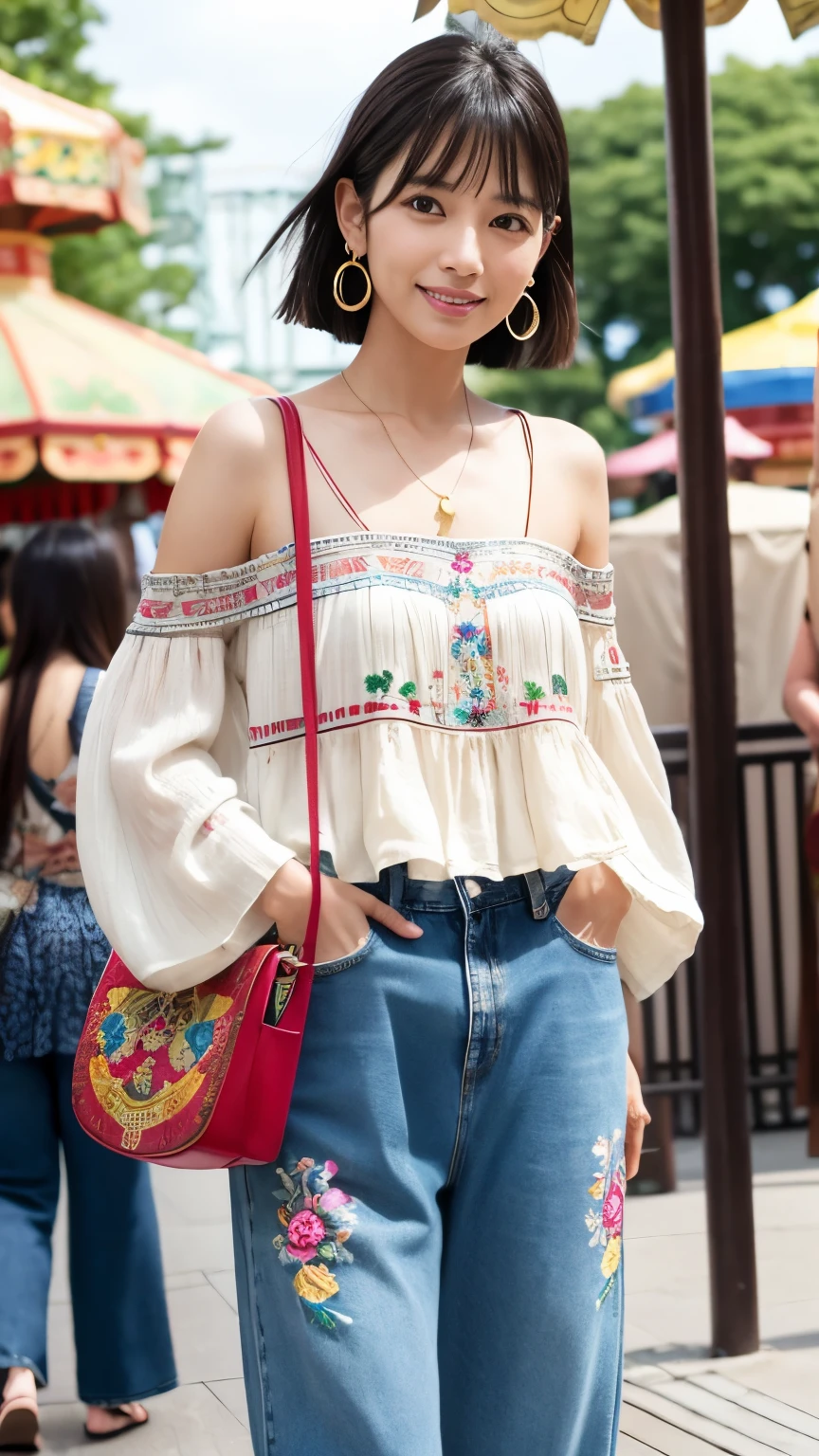 Japanese、Age 35、older sister、A randomly generated person with diverse facial features hairstyle、Perfect Anatomy,amusement park、bohemian elegance、Embroidered tunic top、flared denim pants、Wedge Sandals、Tassel Earrings、Fringed shoulder bag