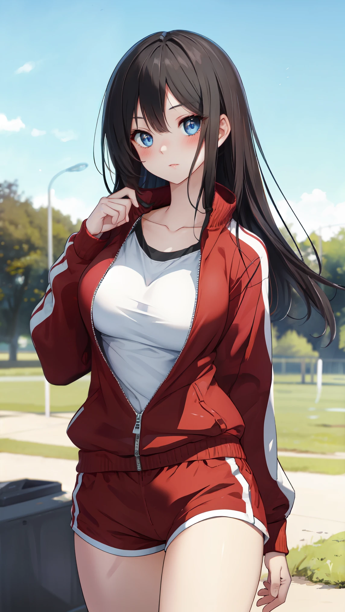 (A superb exquisite girl, 8k ultra HD), Ultra high resolution, (masterpiece:1.2), (best quality, finely detailed beautiful eyes), extremely delicate, (shoot from front), cowboy shot, (no hat:1.3), solo, real light and shadow, a athlete girl, beautiful face, large and beautiful breasts, Blue eyes, eyes in highlight, catch light eyes, specular highlight eyes, collarbone, BREAK (long hair, black hair), BREAK long sleeve baggy red tracksuit, BREAK shirt, shorts, Separated uniforms, collarbone, sensual face, blush, (standing, outdoors, Blue sky, good outlook, large school ground),