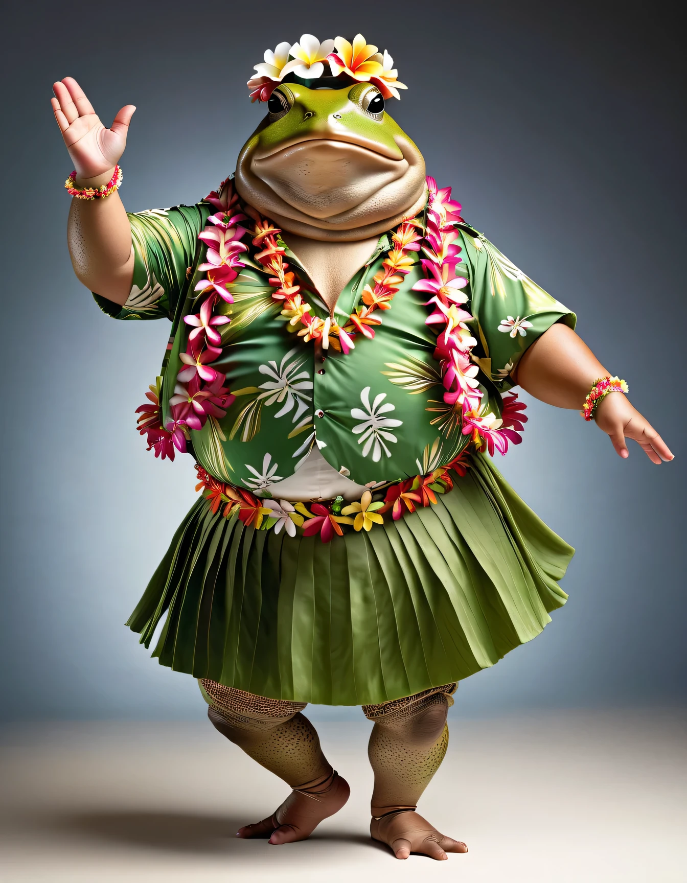 photorealistic portrait of Dressed animals - a ((fat)) toad hula dancer,(hula dancing:2.0), (putting hands to the side:1.5),high quality,(lovely) ,intricate details, highly detailed ((hula dance costume)) ,highly detailed decorations, wearing flower lei and aloha shirt, (happy), studio lighting,(full body image:1.5),simple background,(looking at viewer:1.5)