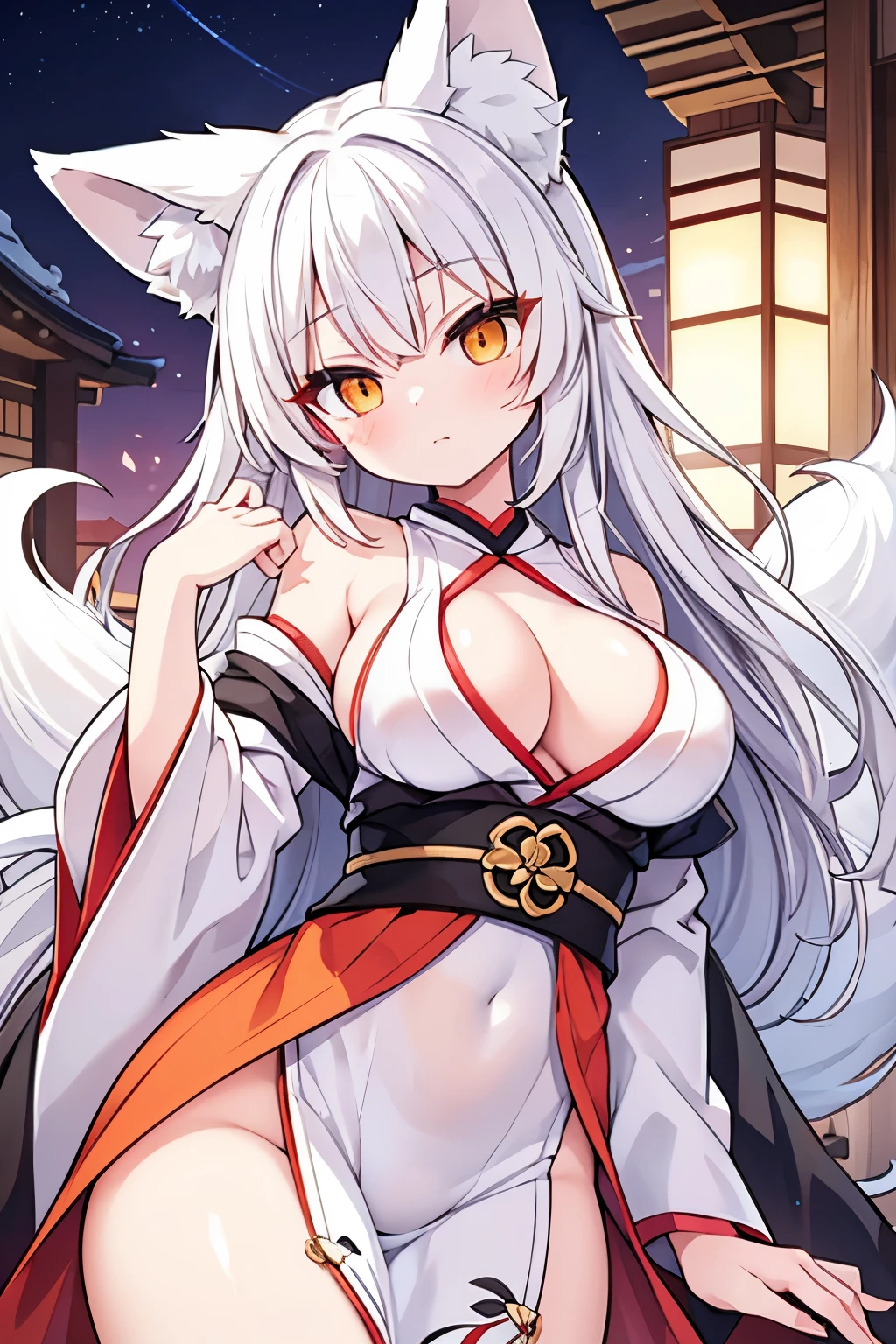 Spirit fox, sexy, bright eyes, white hair, fox ears, loom at viewer, beatifull girl, seductive gaze, sexy pose, orange eyes, fox eyes, eyeliner, japanese clothing, perfect girl, bauty girl, sexy girl, good body.
