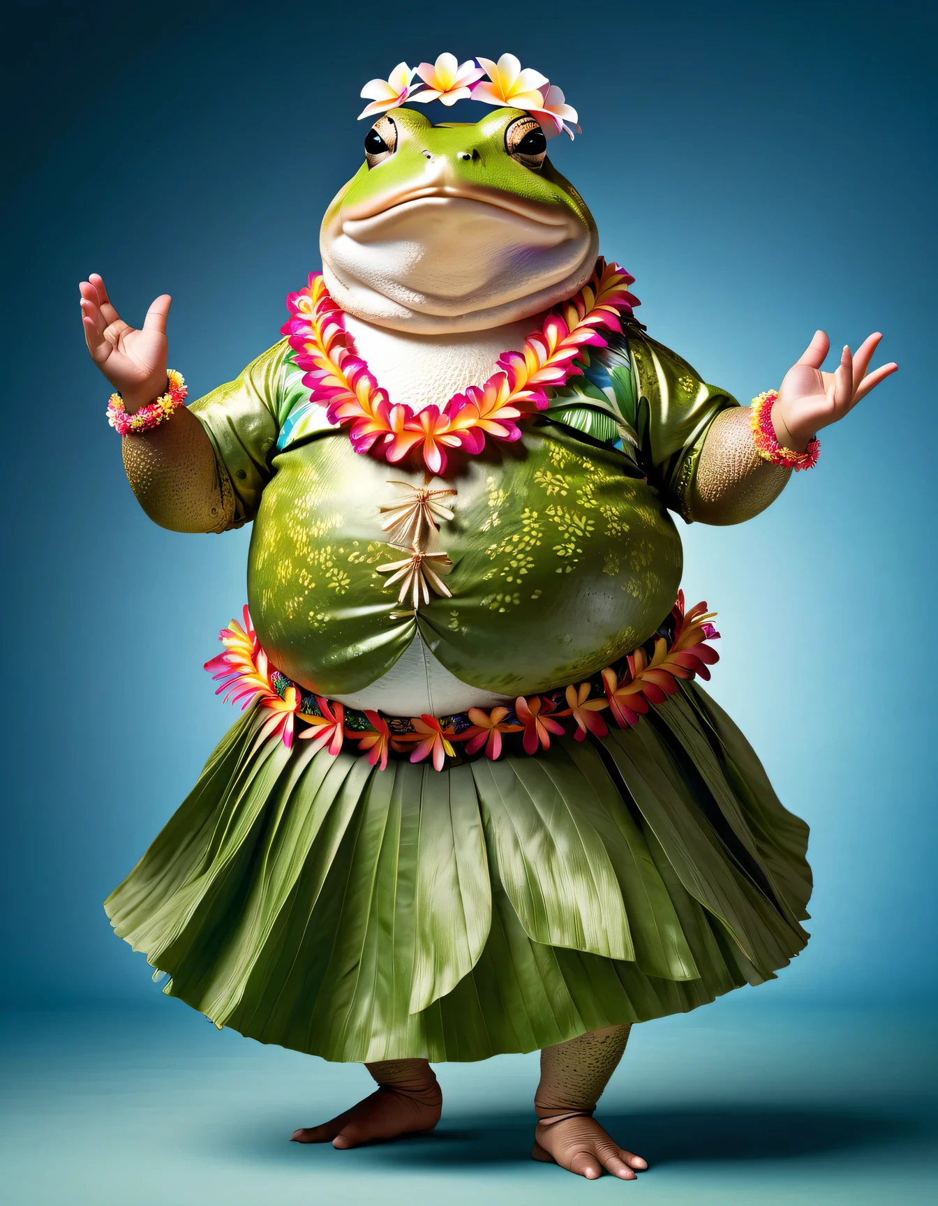 photorealistic portrait of Dressed animals - a ((fat)) toad hula dancer,(hula dancing:2.0), (putting hands to the side:1.5),high quality,(lovely) ,intricate details, highly detailed ((hula dance costume)) ,highly detailed decorations, wearing flower lei and aloha shirt, (happy), studio lighting,(full body image:1.5),simple background,(looking at viewer:1.5)