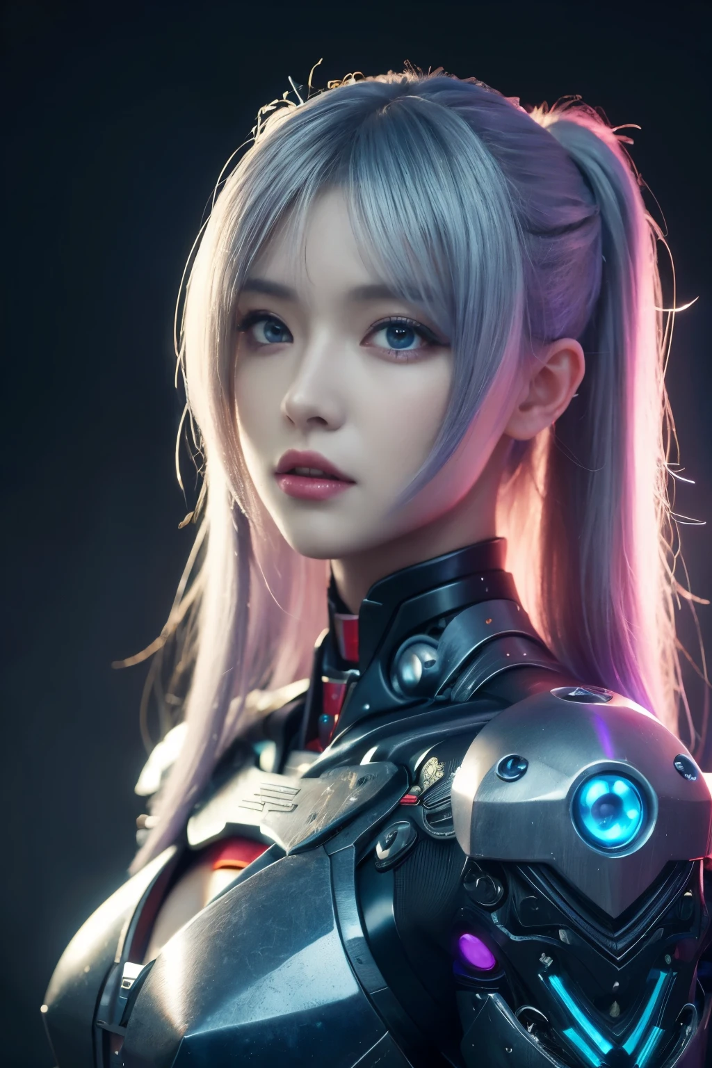 masterpiece, best quality, illustration, beautiful detailed eyes, colorful background, mechanical prosthesis, mecha coverage, emerging dark purple across with white hair, pig tails, disheveled hair, fluorescent purple, cool movement, rose red eyes, beatiful detailed cyberpunk city, multicolored hair, beautiful detailed glow, 1 girl, expressionless, cold expression, insanity, long bangs, long hair, lace, dynamic composition, motion, ultra - detailed, incredibly detailed, a lot of details, amazing fine details and brush strokes, smooth, hd semirealistic anime cg concept art digital painting, cyborg style,