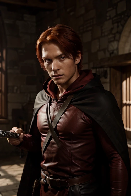 Red-haired man prepared to fight with a sword, he has a cape and a hood, he has red eyes and next to him would be an equally prepared boy with dark hair and red eyes.