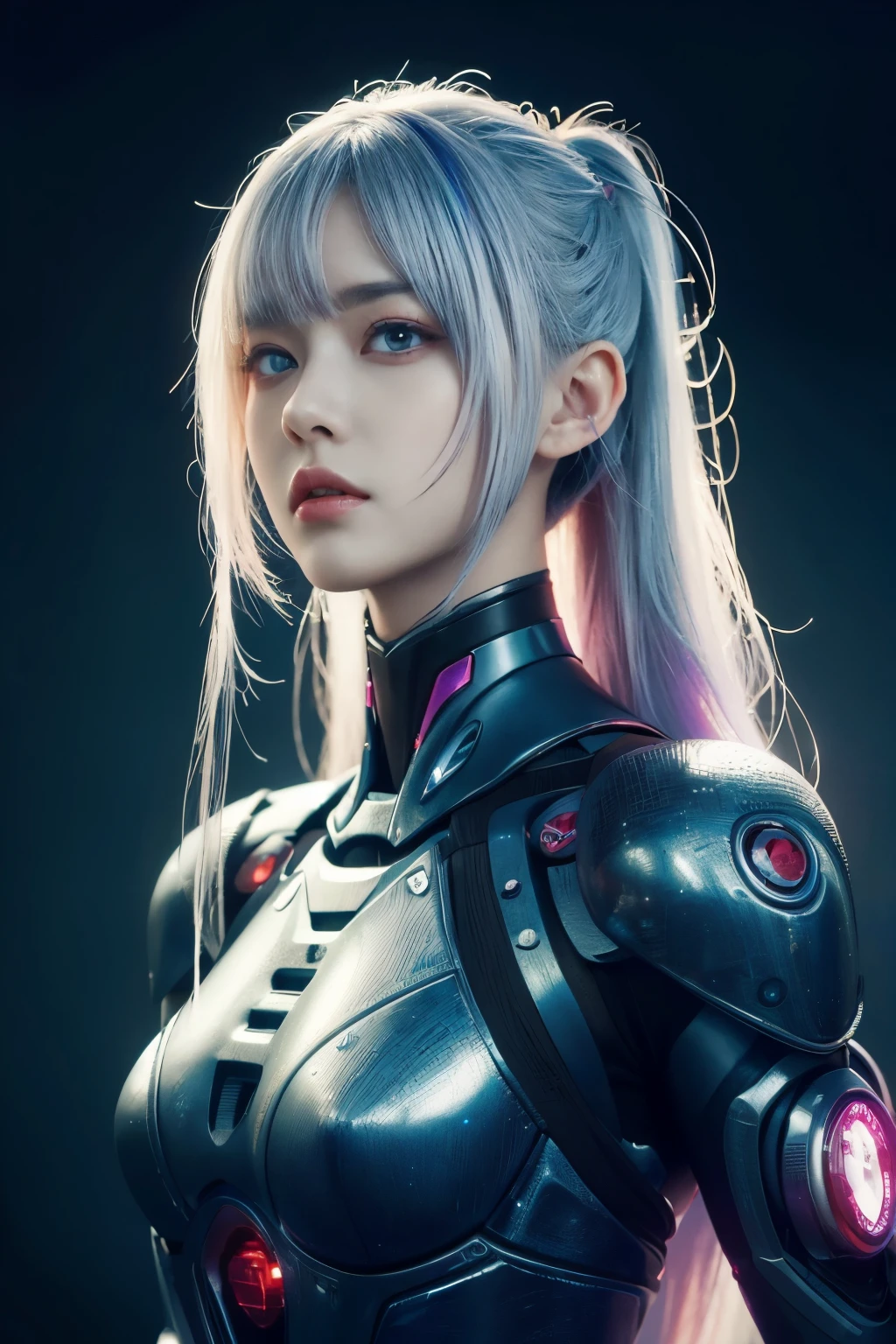 masterpiece, best quality, illustration, beautiful detailed eyes, colorful background, mechanical prosthesis, mecha coverage, emerging dark purple across with white hair, pig tails, disheveled hair, fluorescent purple, cool movement, rose red eyes, beatiful detailed cyberpunk city, multicolored hair, beautiful detailed glow, 1 girl, expressionless, cold expression, insanity, long bangs, long hair, lace, dynamic composition, motion, ultra - detailed, incredibly detailed, a lot of details, amazing fine details and brush strokes, smooth, hd semirealistic anime cg concept art digital painting, cyborg style,