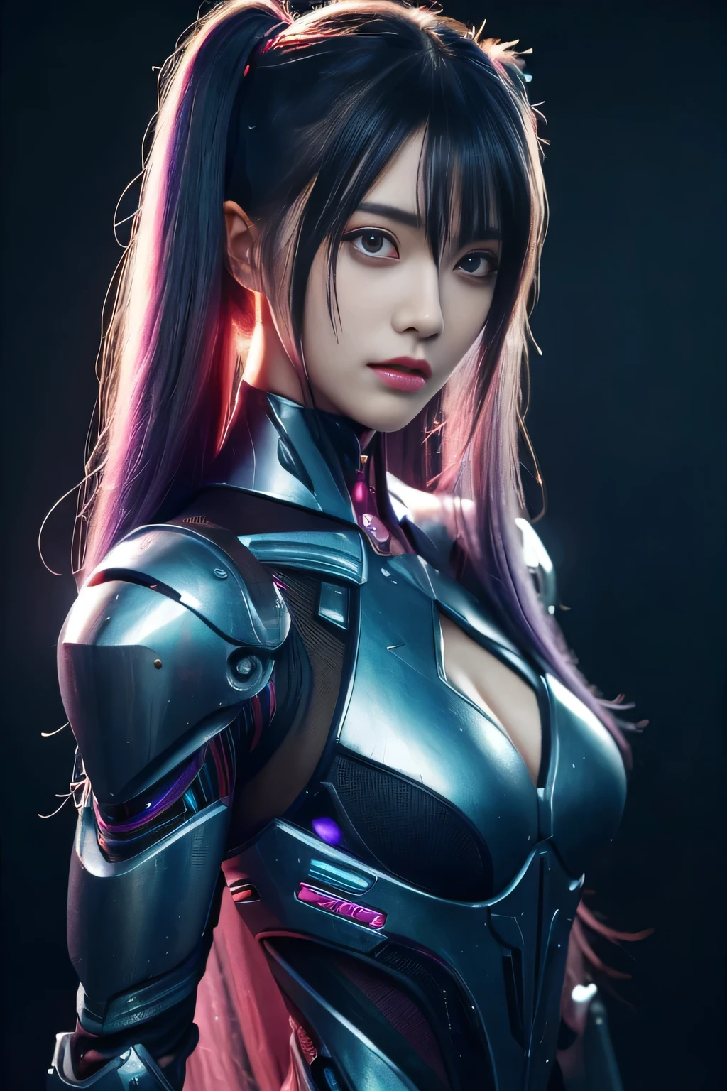 masterpiece, best quality, illustration, beautiful detailed eyes, colorful background, mechanical prosthesis, mecha coverage, emerging dark purple across with white hair, pig tails, disheveled hair, fluorescent purple, cool movement, rose red eyes, beatiful detailed cyberpunk city, multicolored hair, beautiful detailed glow, 1 girl, expressionless, cold expression, insanity, long bangs, long hair, lace, dynamic composition, motion, ultra - detailed, incredibly detailed, a lot of details, amazing fine details and brush strokes, smooth, hd semirealistic anime cg concept art digital painting, cyborg style,