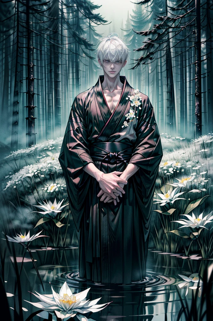 (Best quality,4K,8K,A high resolution,Masterpiece:1.2),Ultra-detailed,People under the water of the Yellow Spring，(((black kimono)),morbid，terroral，darkly，Handsome man who died，Handsome man，Dark scenes of Japan,A fog that covers everything，deep in the night，Japanese traditional style,A thick black fog enveloped everything,The atmosphere of death，Bleak white complexion，White skin，White skin，Black sky，There are a lot of bones in the water，Dirty and disgusting，There are a lot of bones in the water，Foggy，Heavy fog，the night，deep in the night，nigth，(Endless dark forest:1.5)，Many aquatic plants，(((Many white flowers)))，The picture is gray，Low contrast，low-saturation，White super short hair，((Upright ultra-short white hair,Masculine face shape)))