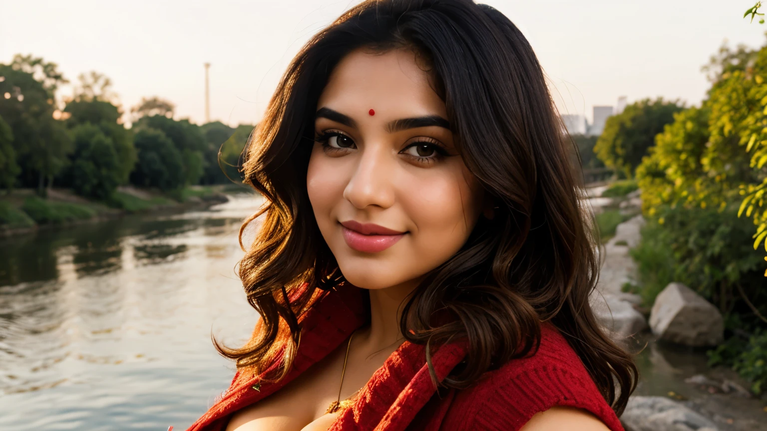 1 Pakistani girl walking on the river, chubby, chubby face, big boobs, mix 4, border sleeveless red sweater, pillow, lips, open mouth, happy expression, realistic, photo_\(medium\), solo, (masterpiece), (photorealistic: 1.3), ultra detailed, (high detail) skin: 1.2), (best quality: 1.0), (ultra high resolution: 1.0), (Orchan-6500: 0.3), wavy detailed hair, long hair, sunshine, (beautiful detailed makeup), (sexual arousal, blush, rough breathing: 1.0), sexy cleavage