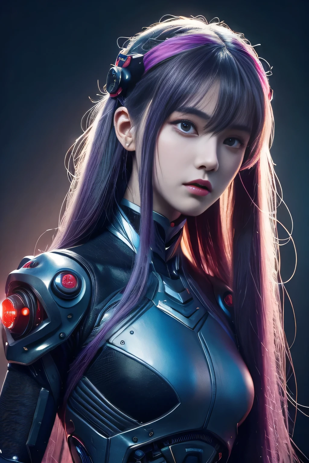 masterpiece, best quality, illustration, beautiful detailed eyes, colorful background, mechanical prosthesis, mecha coverage, emerging dark purple across with white hair, pig tails, disheveled hair, fluorescent purple, cool movement, rose red eyes, beatiful detailed cyberpunk city, multicolored hair, beautiful detailed glow, 1 girl, expressionless, cold expression, insanity, long bangs, long hair, lace, dynamic composition, motion, ultra - detailed, incredibly detailed, a lot of details, amazing fine details and brush strokes, smooth, hd semirealistic anime cg concept art digital painting, cyborg style,