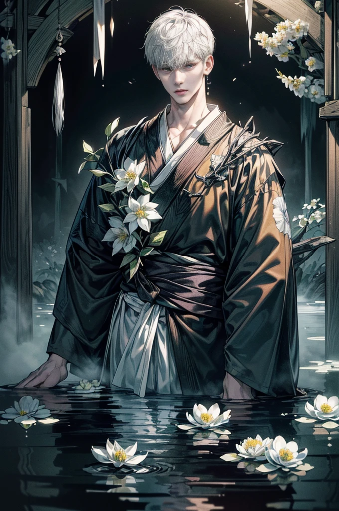 (Best quality,4K,8K,A high resolution,Masterpiece:1.2),Ultra-detailed,People under the water of the Yellow Spring,(((black kimono)),morbid,terroral,darkly,Handsome man who died,Handsome man,Dark scenes of Japan,A fog that covers everything,deep in the night,Japanese traditional style,A thick black fog enveloped everything,The atmosphere of death,Bleak white complexion,White skin,White skin,Black sky,There are a lot of bones in the water,Dirty and disgusting,There are a lot of bones in the water,Foggy,Heavy fog,the night,deep in the night,nigth,(Endless dark forest:1.5),Many aquatic plants,(((Many white flowers))),The picture is gray,Low contrast,low-saturation,White super short hair,((Upright ultra-short white hair,Masculine face shape)))