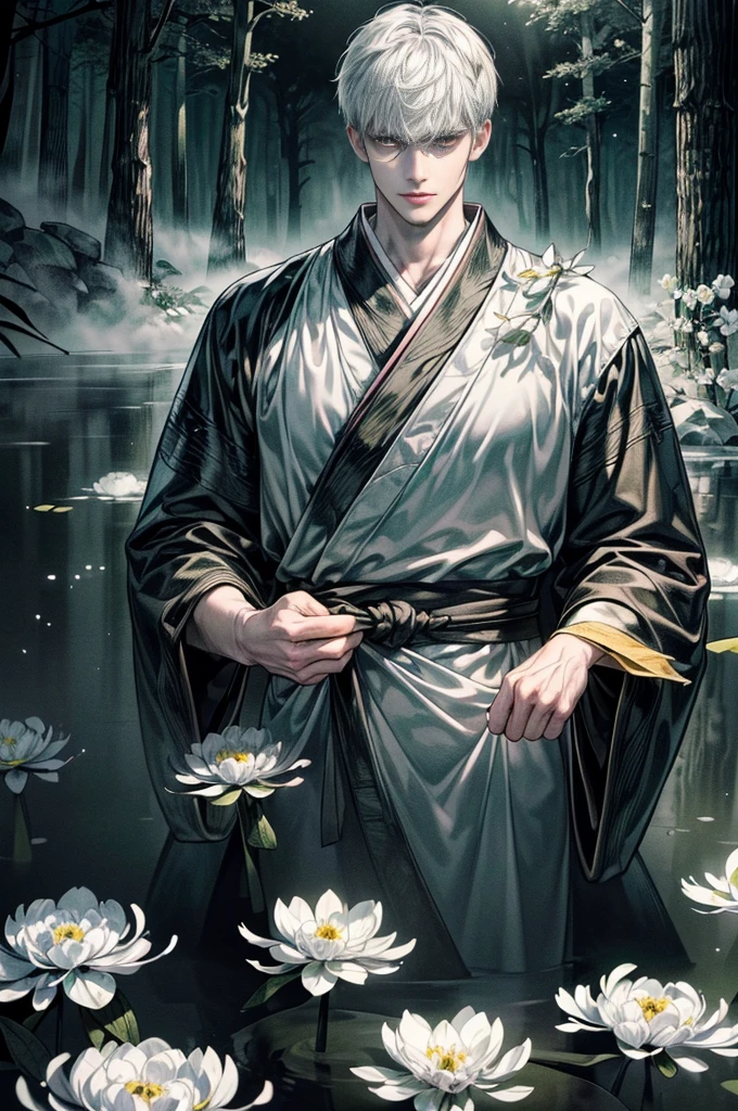 (Best quality,4K,8K,A high resolution,Masterpiece:1.2),Ultra-detailed,People under the water of the Yellow Spring，(((black kimono)),morbid，terroral，darkly，Handsome man who died，Handsome man，Dark scenes of Japan,A fog that covers everything，deep in the night，Japanese traditional style,A thick black fog enveloped everything,The atmosphere of death，Bleak white complexion，White skin，White skin，Black sky，There are a lot of bones in the water，Dirty and disgusting，There are a lot of bones in the water，Foggy，Heavy fog，the night，deep in the night，nigth，(Endless dark forest:1.5)，Many aquatic plants，(((Many white flowers)))，The picture is gray，Low contrast，low-saturation，White super short hair，((Upright ultra-short white hair,Masculine face shape)))