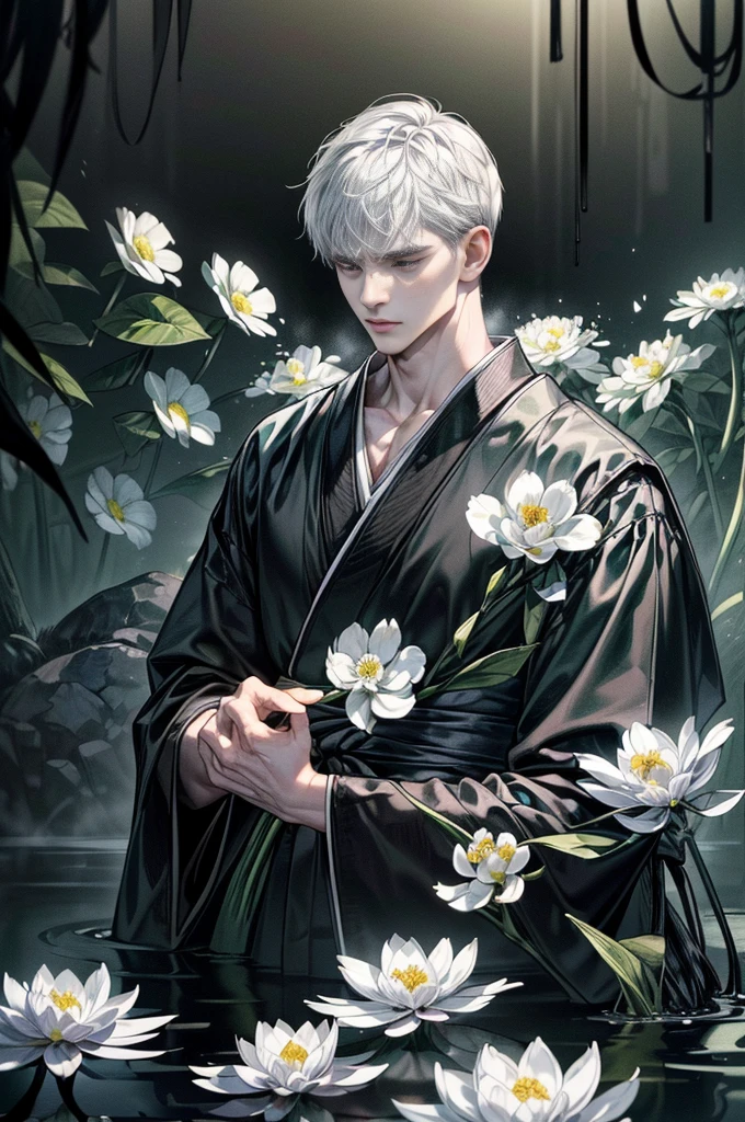 (Best quality,4K,8K,A high resolution,Masterpiece:1.2),Ultra-detailed,People under the water of the Yellow Spring,(((black kimono)),morbid,terroral,darkly,Handsome man who died,Handsome man,Dark scenes of Japan,A fog that covers everything,deep in the night,Japanese traditional style,A thick black fog enveloped everything,The atmosphere of death,Bleak white complexion,White skin,White skin,Black sky,There are a lot of bones in the water,Dirty and disgusting,There are a lot of bones in the water,Foggy,Heavy fog,the night,deep in the night,nigth,(Endless dark forest:1.5),Many aquatic plants,(((Many white flowers))),The picture is gray,Low contrast,low-saturation,White super short hair,((Upright ultra-short white hair,Masculine face shape)))