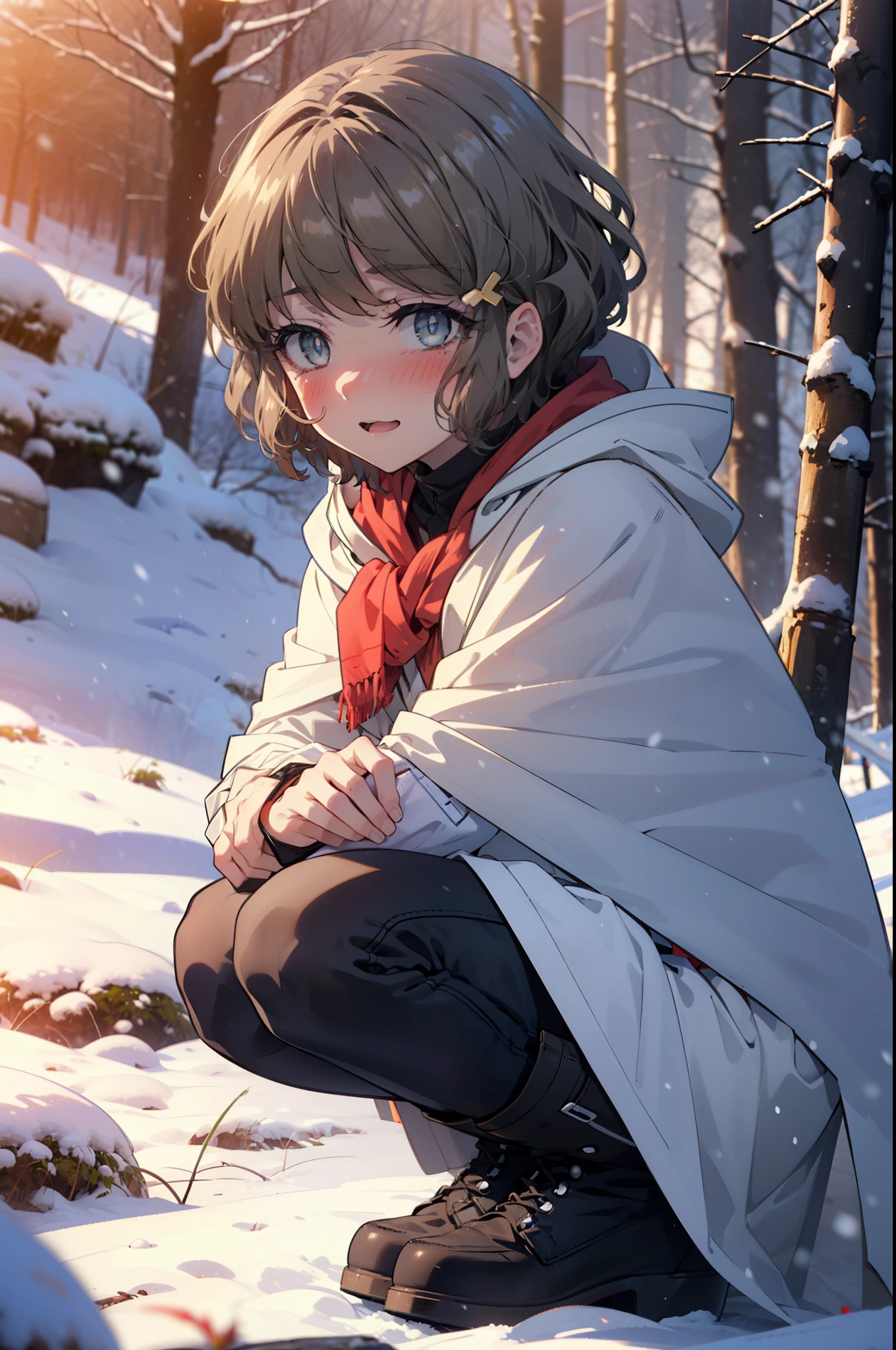 tomoekoga, Chie Koga, short hair, Brown Hair, blue eyes, hair band,smile,blush,White Breath,Center of chest,
Open your mouth,snow,Ground bonfire, Outdoor, boots, snowing, From the side, wood, suitcase, Cape, Blurred, having meal, forest, White handbag, nature,  Squat, Mouth closed, Cape, winter, Written boundary depth, Black shoes, red Cape break looking at viewer, Upper Body, whole body, break Outdoor, forest, nature, break (masterpiece:1.2), highest quality, High resolution, unity 8k wallpaper, (shape:0.8), (Beautiful and beautiful eyes:1.6), Highly detailed face, Perfect lighting, Highly detailed CG, (Perfect hands, Perfect Anatomy),