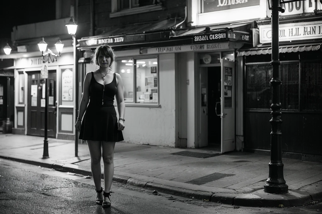 (best quality, 4k, 8k, highres, masterpiece:1.2), ultra-detailed, (realistic, photorealistic, photo-realistic:1.37), black and white photography, full body photo, 1920s, American old harlot, a 53 years old strumpet, a hooker waits for customers in front of an old 20s-style brothel. she wears a dark miniskirt and a light sleeveless knotted shirt. black high-heels. Perfect simmetrical face. The street at night is illuminated by a lamppost. A black and white photo. in an old brothel 20s style, direct eye contact, long hair, beautiful, retro style, vintage fashion, realistic hands. Far Wide angle. (Old style postcard image)