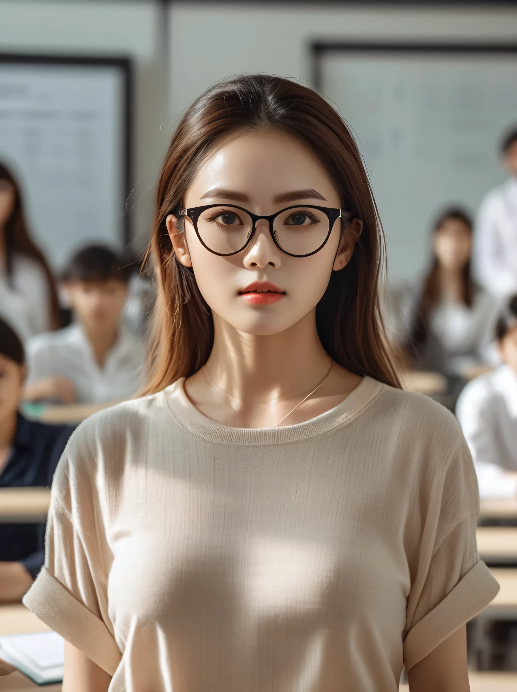 cinematic photo (Hyperreal:0.5),realistic,highly detailed,age down,young,sexy,gigantic breasts,detailed eyes,detailed face,detailed skin,
1girl,transparent tight fitting shirt,skirt suit,black-framed_eyewear,lecture in the classroom,(unbuttoned clothes:1.2),
damimi,face_focus,. 35mm photograph, film, bokeh, professional, 4k, highly detailed