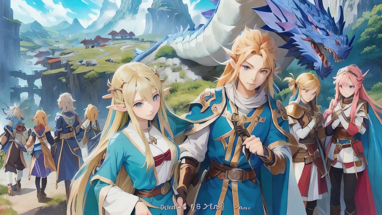 anime characters standing in front of a giant dragon, art style of rune factory 5, coriolios rpg art style, key art, colorful concept art, jrpg character art, promotional art, 2 d art, 2d art, official art, high detailed official artwork, botw style, 2. 5 d cgi anime fantasy artwork, 2d art cover, breath of fire IV