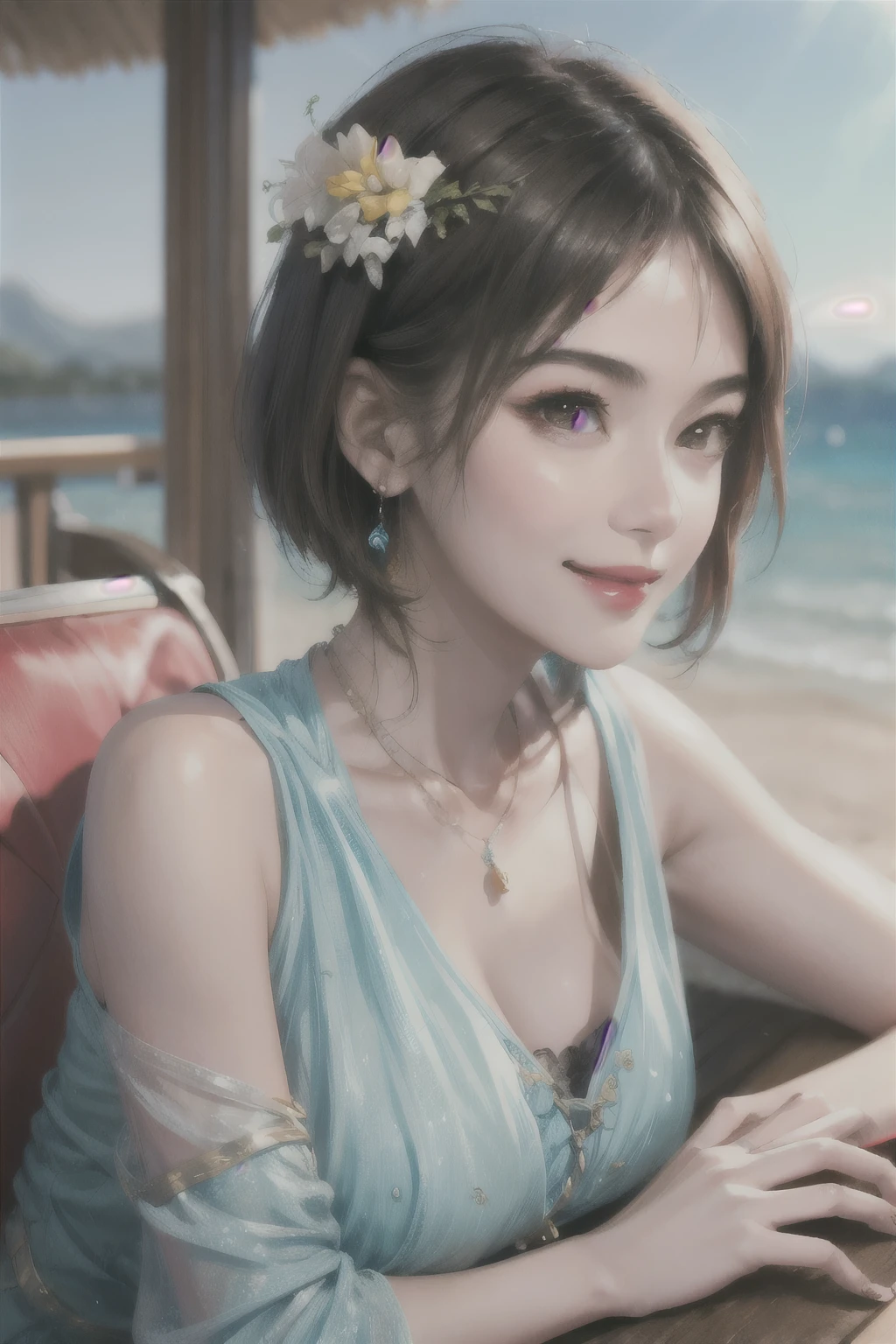 235 20-year-old female, short hair, Summer travel magazine, A kind smile, lipstick, Photo quality, Ultra-realistic