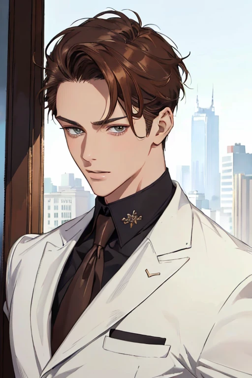 ((masterpiece:1.2, best quality)), 4k, 1man, adult, mature, handsome, very short hair, forehead, white suit, portrait, extremely detailed face, defined body, light brown eyes, brown hair (muscle:1.4, broad shoulders:1.4, disciplined body)