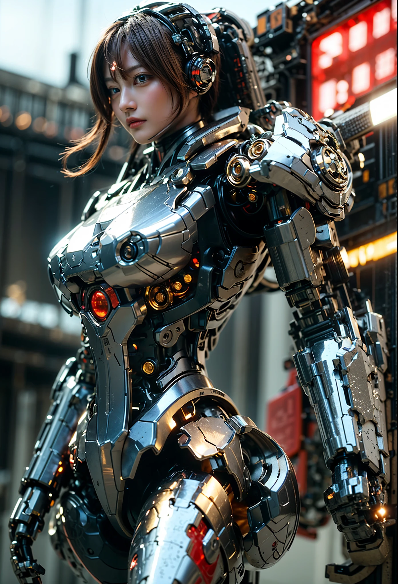 (top-quality:1.2, masterpiece), ultra high resolution, (Photorealsitic:1.4),, (alien-type powered heavy armor), (mechanical armor:1.3), light red base with silver and bronze accent, 1 Japanese female soldier, extremely beautiful face, ((ultimately intricate all details)), (whole body picture), realistic shadow, octan render, 8K, ultrasharp, character edge light, Details of complex ornaments, Hydraulic cylinder, power cable, dystopia with a beautiful view at night,